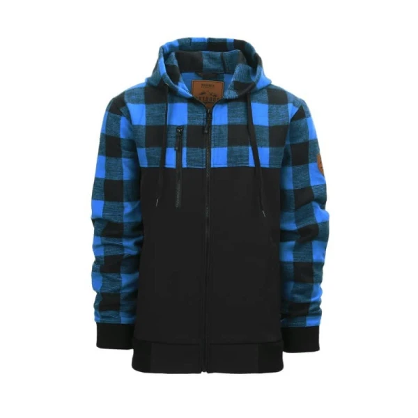 Houthakkers blouse met capuchon | Jas met rits - S, Zwart/Blauw